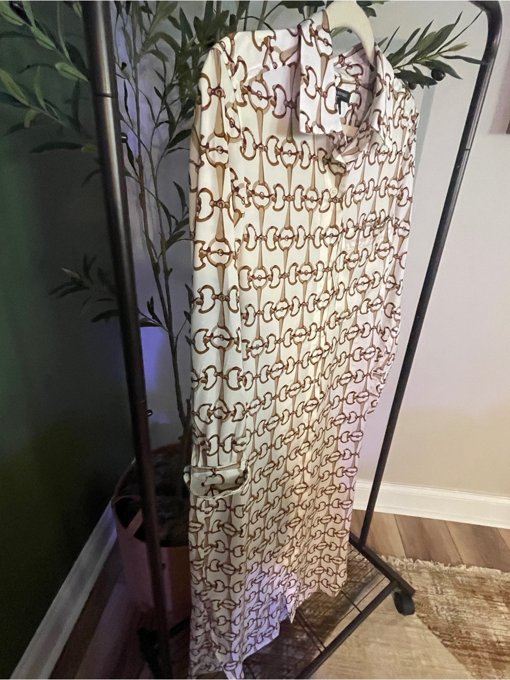 Cream and Brown Chain-Print Long Shirt Dress (belt not included)